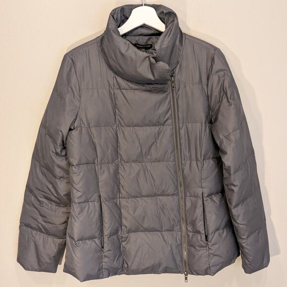Eileen Fisher Gray Quilted Puffer Jacket Asymmetric Zip High Collar - Size S - Picture 11 of 12